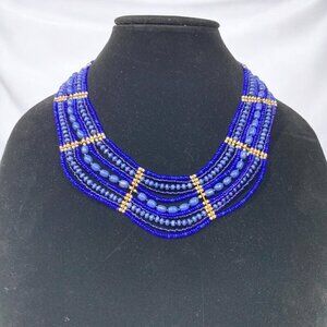Cobalt Blue & Gold Bib Style Multi Strand Princess Necklace Boho Tribal 18"L
